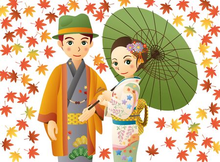 Man and woman in the autumn leavesのイラスト素材