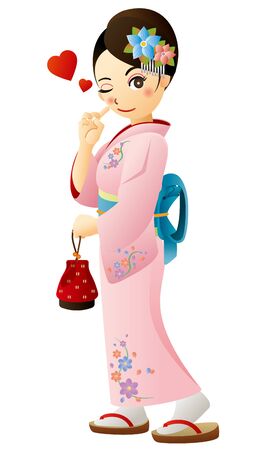 A girl wearing traditional Japanese garment, kimono.のイラスト素材