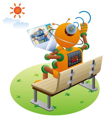 Future technology, Robots are talking in a video call in the parkのイラスト素材
