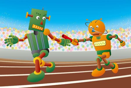 Robot runners passing baton in relay race.のイラスト素材