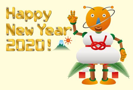 New Year's card with illustration of rice cake robot. A traditional Japanese offering made of rice cake for New Year's.のイラスト素材