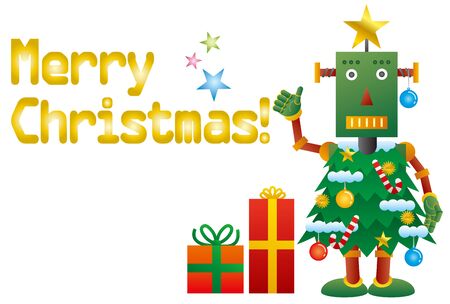 Merry Christmas and Happy New Year greeting card for a Christmas tree-type robot.のイラスト素材