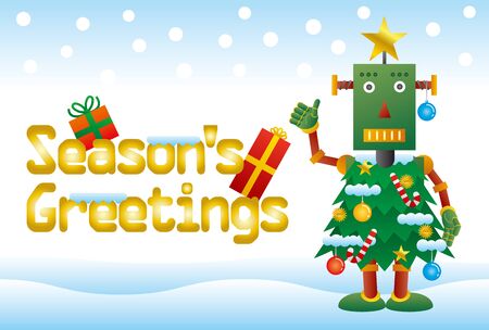 Merry Christmas and Happy New Year greeting card for a Christmas tree-type robot.のイラスト素材