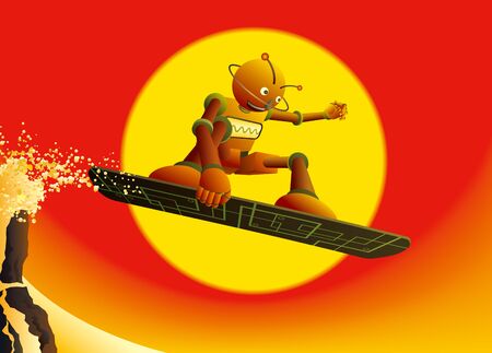 Robot snowboarder jumping in winter mountains at sunsetのイラスト素材