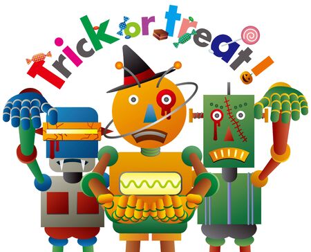 The robots visit their neighborhood and say "Trick or Treat" to get some candy.のイラスト素材