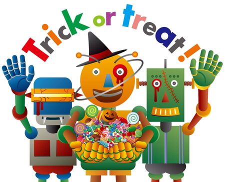 The robots visit their neighborhood and say "Trick or Treat" to get some candy.のイラスト素材