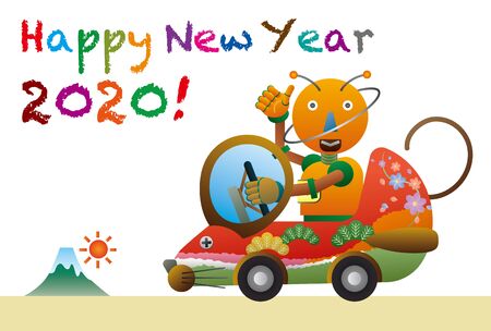 A robot that drives a mouse-type car. New Years Greeting Card.のイラスト素材