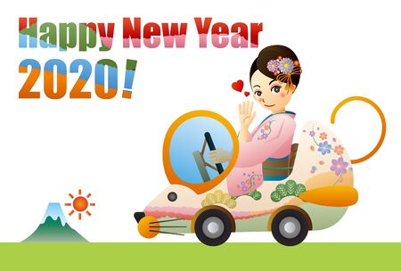 A Woman in a Kimono Driving a Mouse-type car. New Years Greeting Card.のイラスト素材