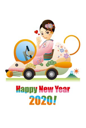 A Woman in a Kimono Driving a Mouse-type car. New Years Greeting Card.のイラスト素材