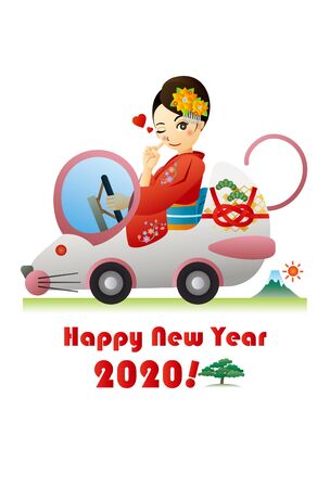 A Woman in a Kimono Driving a Mouse-type car. New Years Greeting Card.のイラスト素材