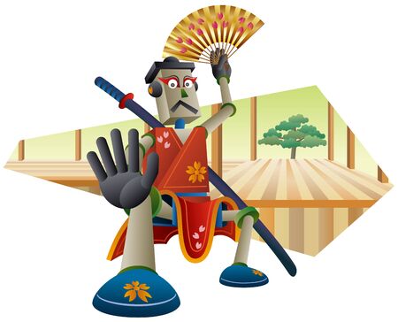 Kabuki robot with a folding fan. "Kabuki is a classical Japanese drama."のイラスト素材