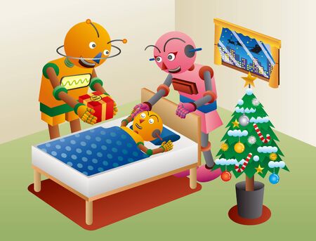 Merry Christmas and Happy Holidays! Dad Robot and Mom Robot Give a Christmas Gift to the Child Robot.のイラスト素材