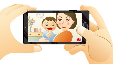 Mom and baby laughing at their dad taking pictures with a smartphone.のイラスト素材