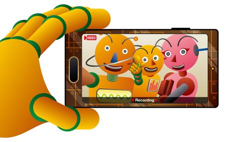 Robot family taking a video with their smartphoneのイラスト素材