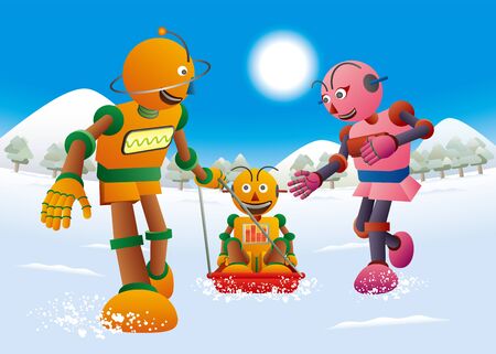 Robot family playing sledding in the snowy fieldのイラスト素材