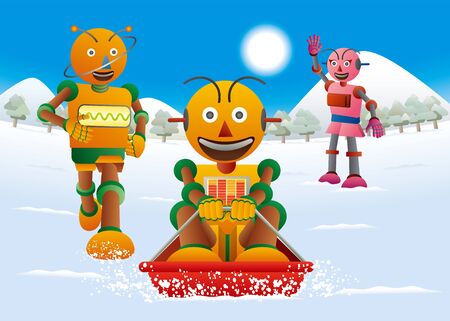 Robot family playing sledding in the snowy fieldのイラスト素材