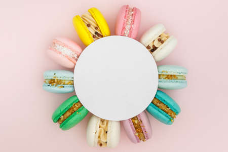 homemade macaroon from natural products on a blue background with a place for text.