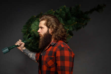 handsome man with long hair holding a synthetic christmas tree.