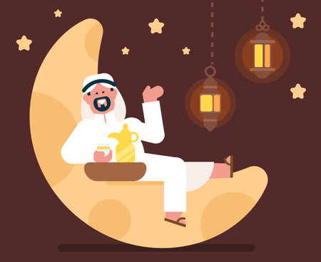 Arabic businessman character sitting on Ramadan Hilal islamic moon , Young handsome Emirati man in UAE traditional outfit, arab man with kandora,drinking with copper coffee potのイラスト素材