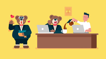 Teddy bear wear Black suit Taste honey and feel so happy, businessman brown bear feel sleepy and yawn, Coworker pouring coffee into the cup, working on laptop, Flat avatar vectorのイラスト素材