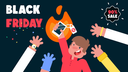 Big Guy curry Mobile with high sale, Long hands try to take Smart Phone, Black Friday Super Sale banner, Sale and discounts banners in flat style, Vector Avatar illustrationのイラスト素材