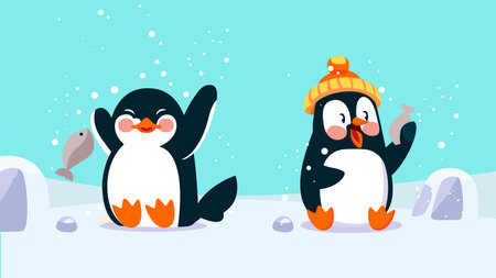 Cute penguin animal with tiny body, kawaii character design set, lovely ice penguin holding fish on the snow, different shapes, flat character vector illustrationのイラスト素材