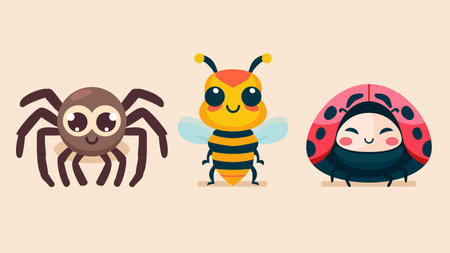 Set of cute wild animals, ladybug, wasp, bee, spider, Safari jungle animals flat vector illustrationのイラスト素材