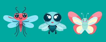 Set of cute wild animals, butterfly, fly, mosquito, Safari jungle animals flat vector illustrationのイラスト素材