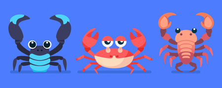 Set of cute wild animals, crab, Safari jungle animals flat vector illustrationのイラスト素材