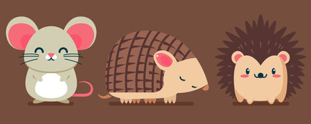 Set of cute wild animals, Hedgehog, Armadillo, mouse, hamster, Safari jungle animals flat vector illustrationのイラスト素材