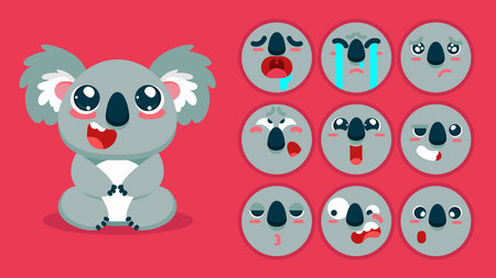 Cute koala, set of animal emotions, tiny koala with emoji collocation, sleeping, crying, sad, Bored, happy, excited, lovable, surprised, careless, confident, terrifled, stunned, Flのイラスト素材