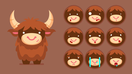 Cute Buffalo, set of animal emotions, tiny Buffalo with emoji collocation, sleeping, crying, sad, Bored, happy, excited, lovable, surprised, careless, confident, terrifled, stunnedのイラスト素材