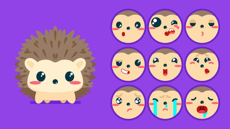Cute hedgehog, set of animal emotions, tiny hedgehog with emoji collocation, sleeping, crying, sad, Bored, happy, excited, lovable, surprised, careless, confident, terrifledのイラスト素材