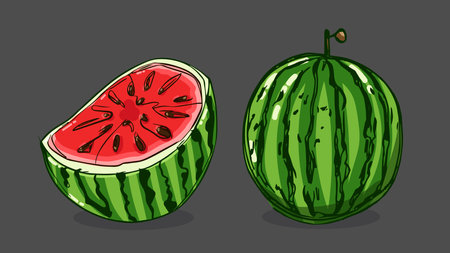 Set of Watermelon fruit, Vector illustration in one line sketch style, flat hand drawn sketch, Colorful fruit with shadow and light, isolated on colored background.のイラスト素材