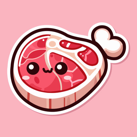 Sticker of cute Meat with bone, tiny small food, Isolated on colored background, flat vector illustrationのイラスト素材