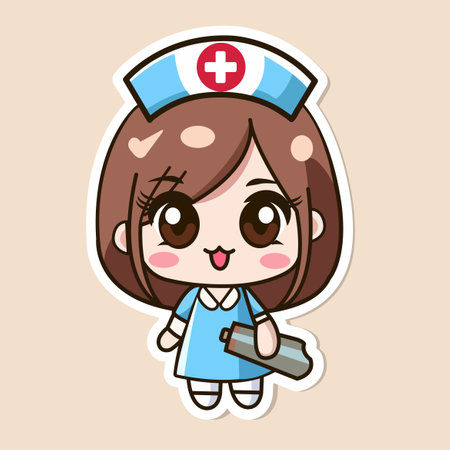 Sticker of cute nurse, tiny small girl, Isolated on colored background, flat vector illustrationのイラスト素材