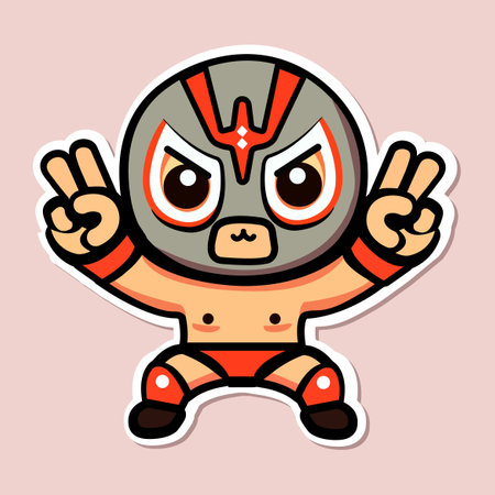Sticker of cute Mexican Wrestler make victory sign, tiny small Mask battle acrobat fighter Lucha Libre, Isolated on colored background, flat vector illustrationのイラスト素材