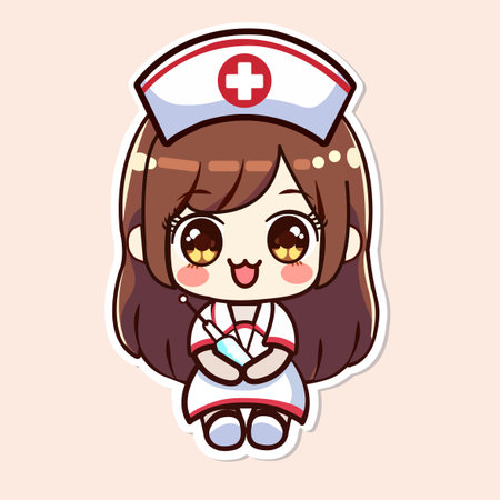 Sticker of cute nurse, tiny small girl, Isolated on colored background, flat vector illustrationのイラスト素材