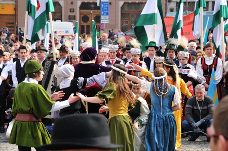 CLUJ NAPOCA, ROMANIA - APRIL 02: The citizens of Cluj Napoca performing medieval dances at the...