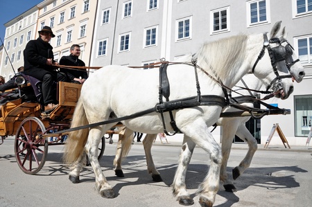 SALZBURG - MARCH 13: Horse driven carriage with tourists at Spring Days, visiting the famous city of Salzburg, part of Unesco heritage where the composer, W.A. Mozart was born. On March 13, 2012 in Salzburg, Austriaのeditorial素材