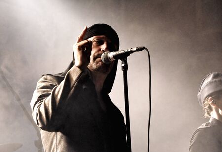 CLUJ NAPOCA - JUNE 6: Milan Fras (L), singer of group Laibach, performs live on the stage in Hotel Continental on  June 6, 2012 in Cluj, Romaniaのeditorial素材