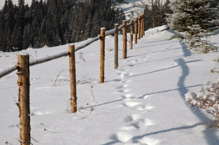 A wooden fence in the mountains at winter の写真素材