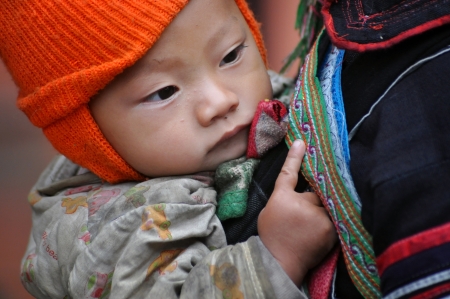 A Black Hmong Vietnamese woman carrying her child, Sapa, Vietnamのeditorial素材
