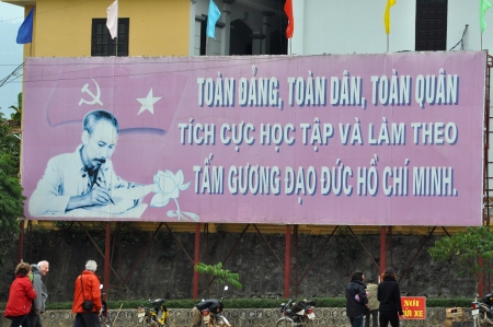 Portrait of Ho Chin Minh on a banner, communist leader of the Vietcong during the Vietnam war, in Bac Ha, Vietnamのeditorial素材