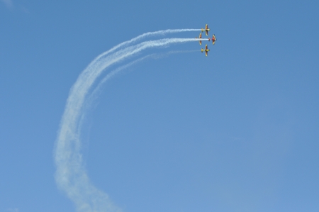 CLUJ NAPOCA, ROMANIA, MAY 18, 2013 - Military aircraft fly in formation over at the city of Cluj at...