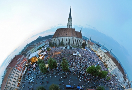 CLUJ - AUG 25  Little planet panorama, projection of the rock opera Stephen the king performed on the Main Square of Cluj during the Hungarian Days of the City, with 50 000 fans  Aug 25, 2013 in Cluj, Romania のeditorial素材