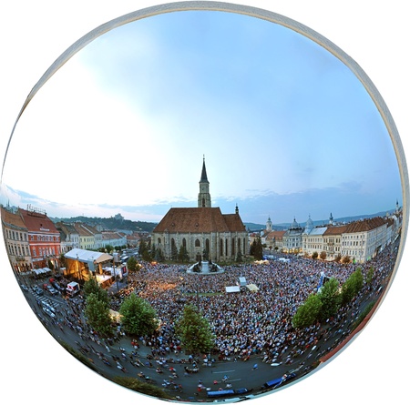CLUJ - AUG 25  Orthographic panorama projection of the rock opera Stephen the king performed on the Main Square of Cluj during the Hungarian Days of the City, with 50 000 fans  Aug 25, 2013 in Cluj, Romania のeditorial素材