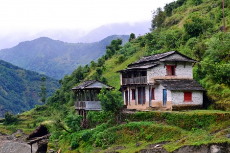 A gurung village in the Annapurna Sanctuary trail  Himalayas, Nepal のeditorial素材