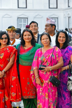 KATHMANDU - OCT 11  People of the Nepalese high society, politicians and businesswomen, gathered in the Royal Palace to celebrate the first day of the Dashain  On October 11, 2013 in Kathmandu, Nepalのeditorial素材