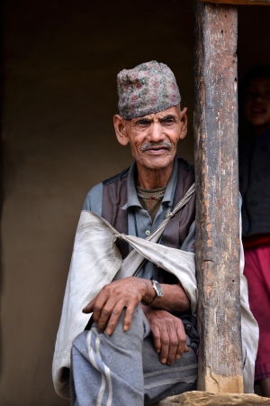 GHANDRUK - OCT 6  Portrait of an old Gurung Sherpa  Gurungs are the biggest ethnic group in the Himalaya and a part of them working as Sherpas for climbing expeditions  Oct 6, 2013 in Ghandruk, Nepalのeditorial素材